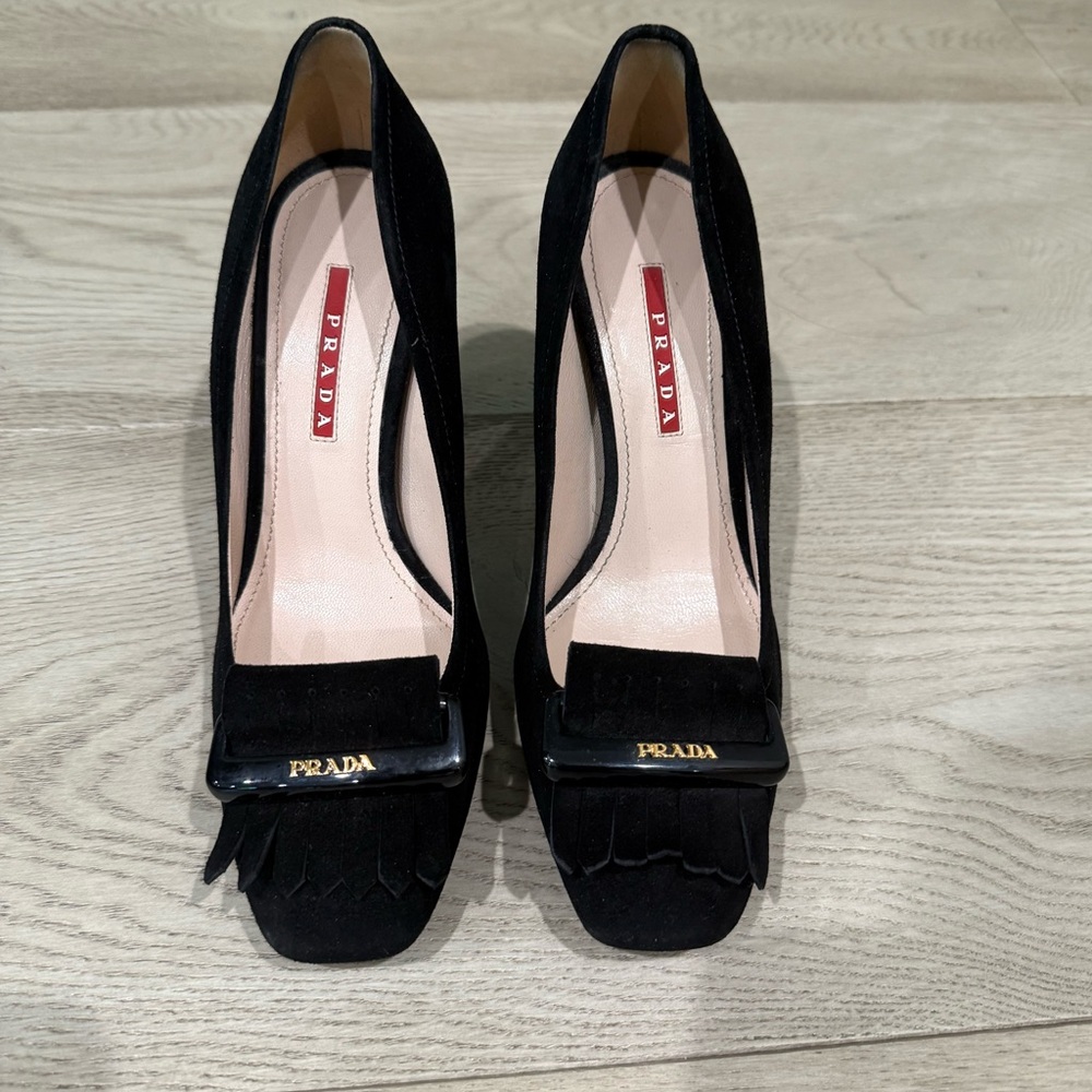 PRADA Black Suede Block Heel Pumps Logo Buckle & Fringe, Size 38